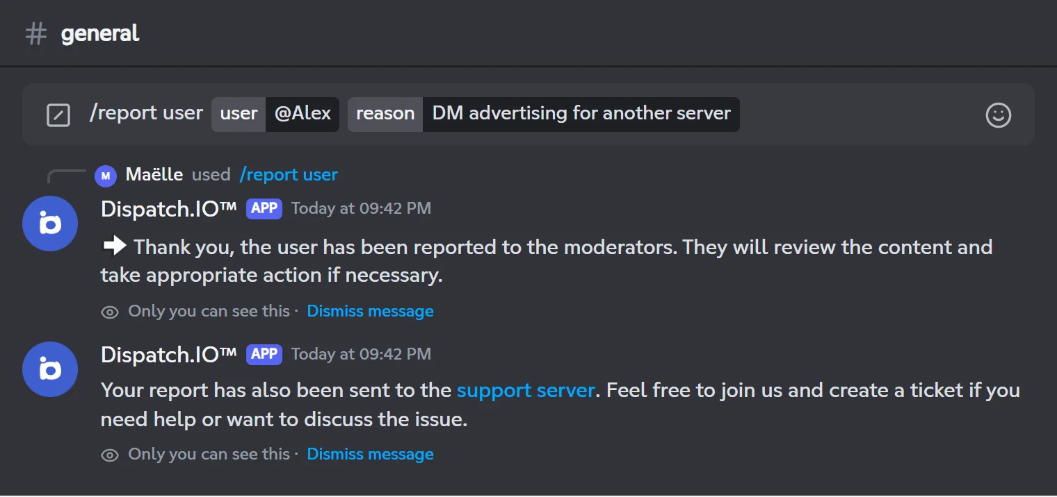 Private replies of /report user: confirmation, then an invitation to the support server