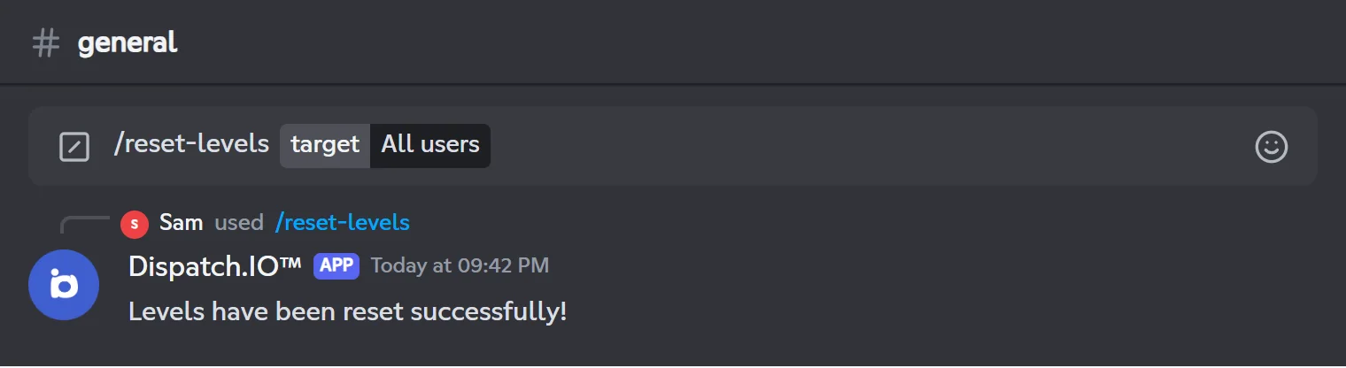 With target:All users, the whole leaderboard is wiped. /reset-levels reply for the whole server: "Levels have been reset successfully!"
