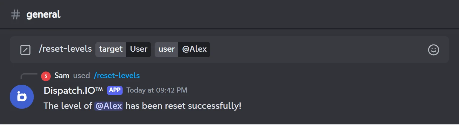 /reset-levels reply for one member: "The level of @Alex has been reset successfully!"