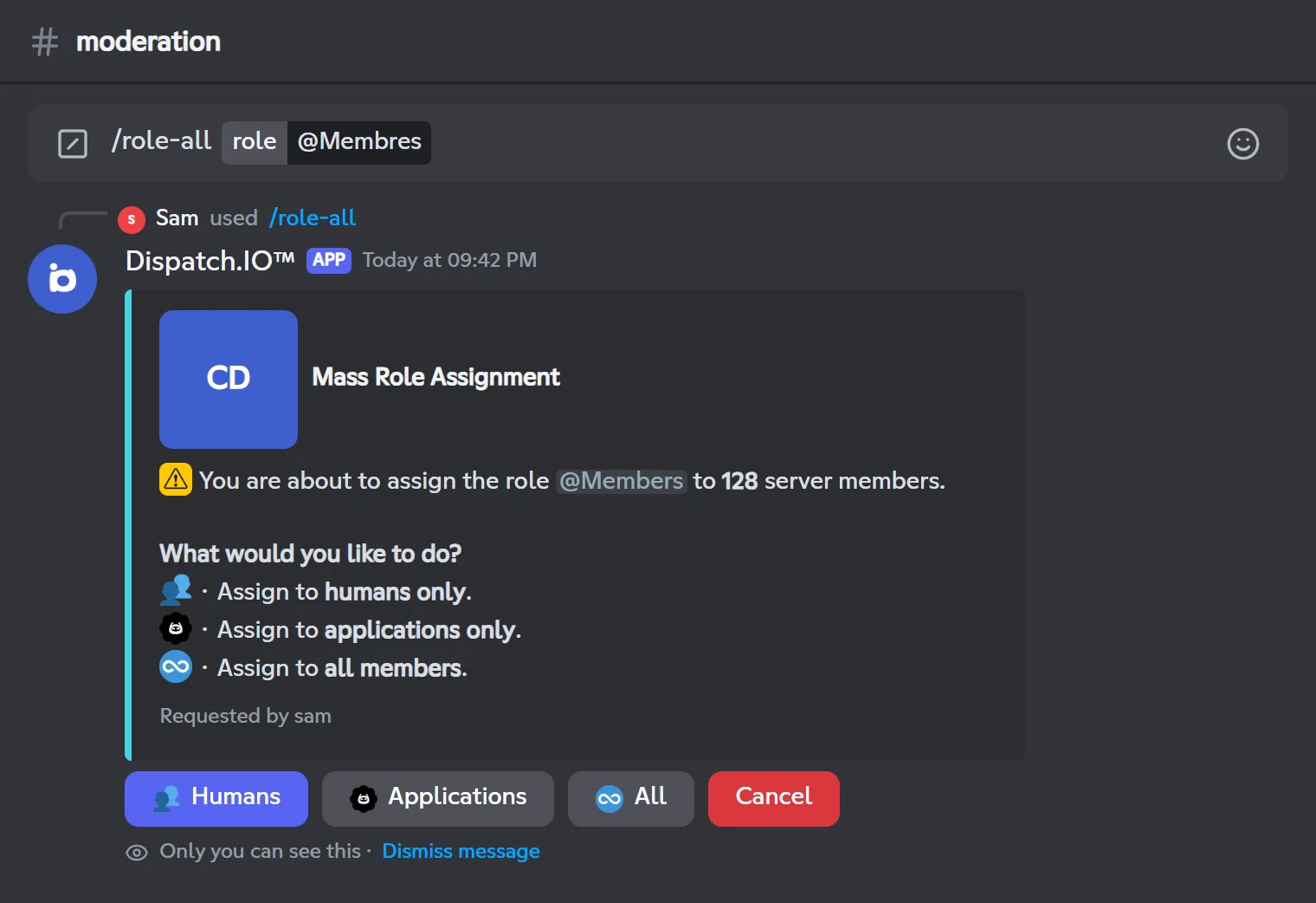 First /role-all screen: choosing who gets the @Membres role