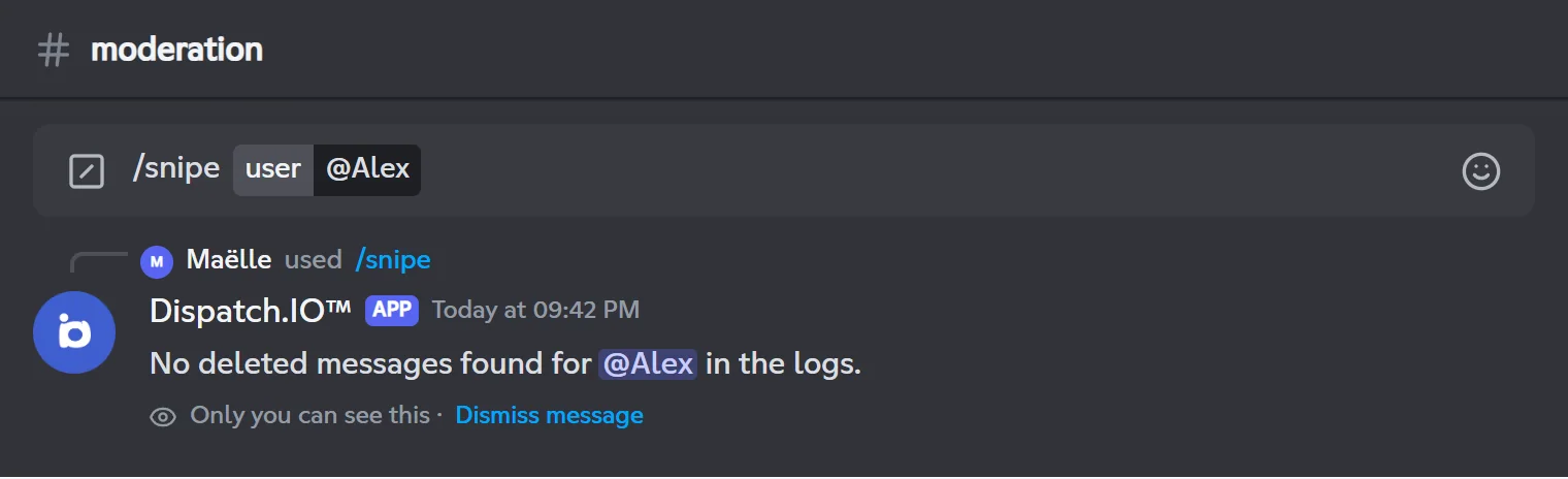 /snipe reply when no deleted message is found for Alex