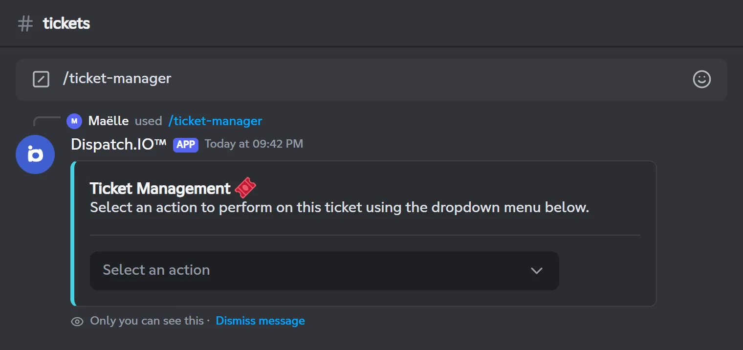 The /ticket-manager menu and its five actions