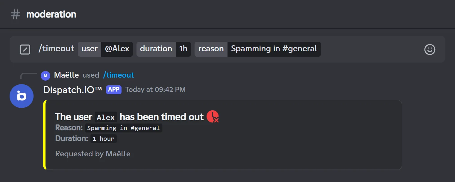 /timeout reply: Alex has been timed out for 1 hour