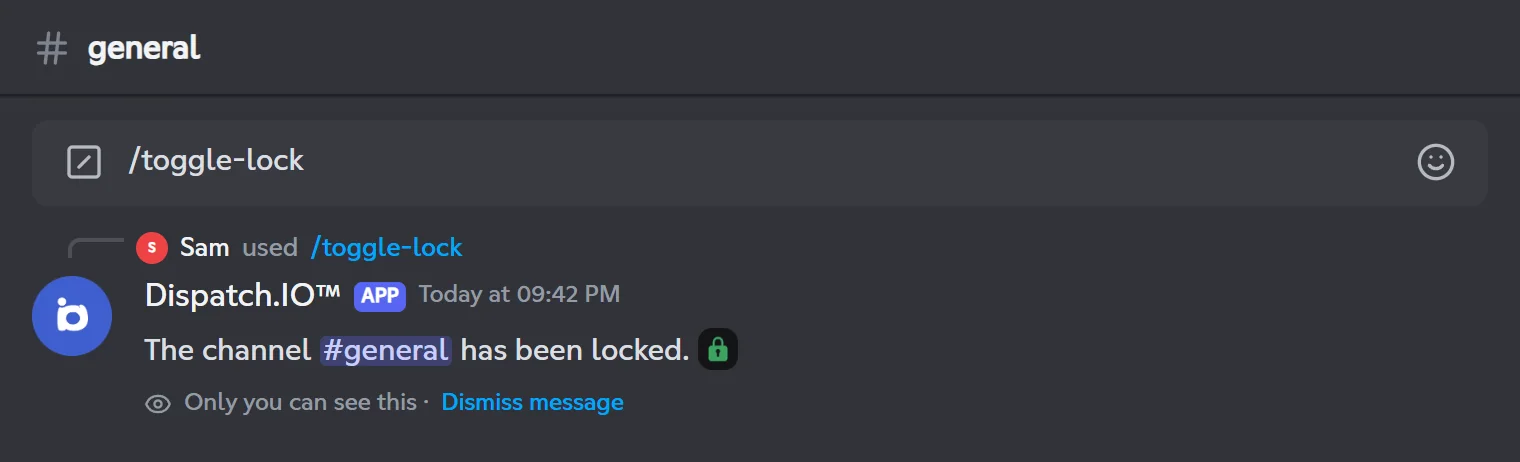 /toggle-lock reply: the #general channel has been locked