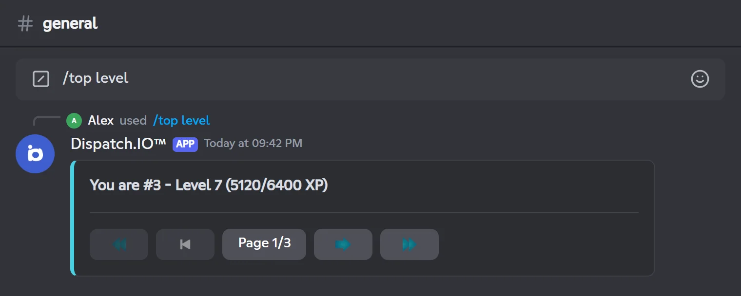 /top level reply: the line "You are #3 - Level 7 (5120/6400 XP)" and the pagination buttons
