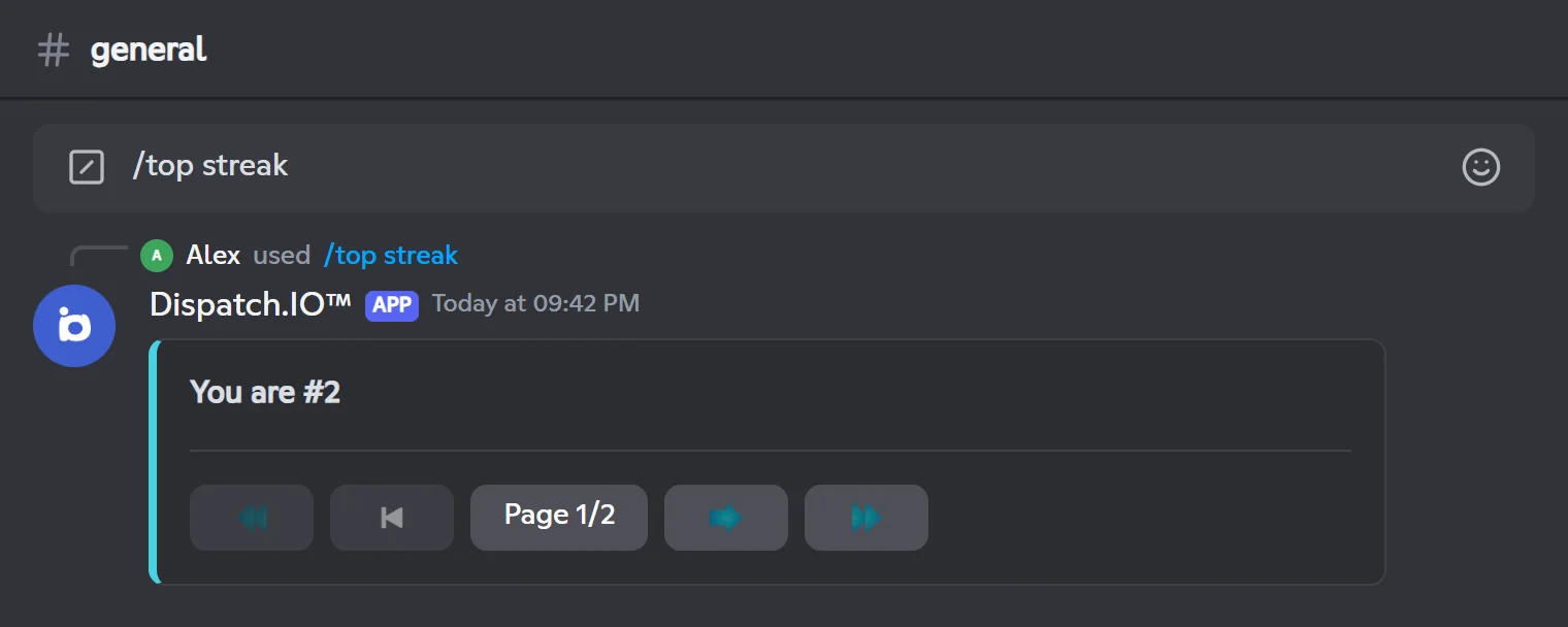 /top streak reply: the line "You are #2" and the pagination buttons