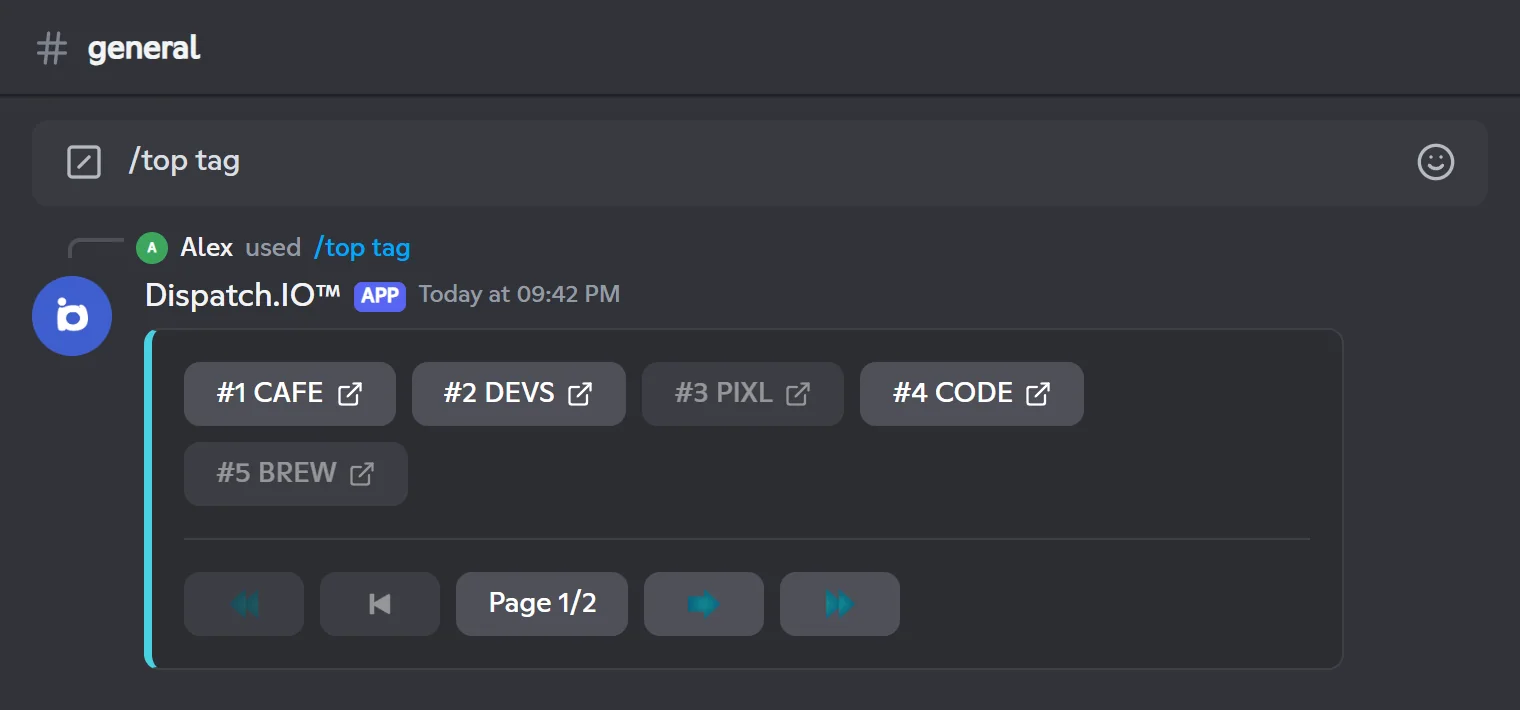 /top tag reply: one button per ranked tag, then the pagination buttons