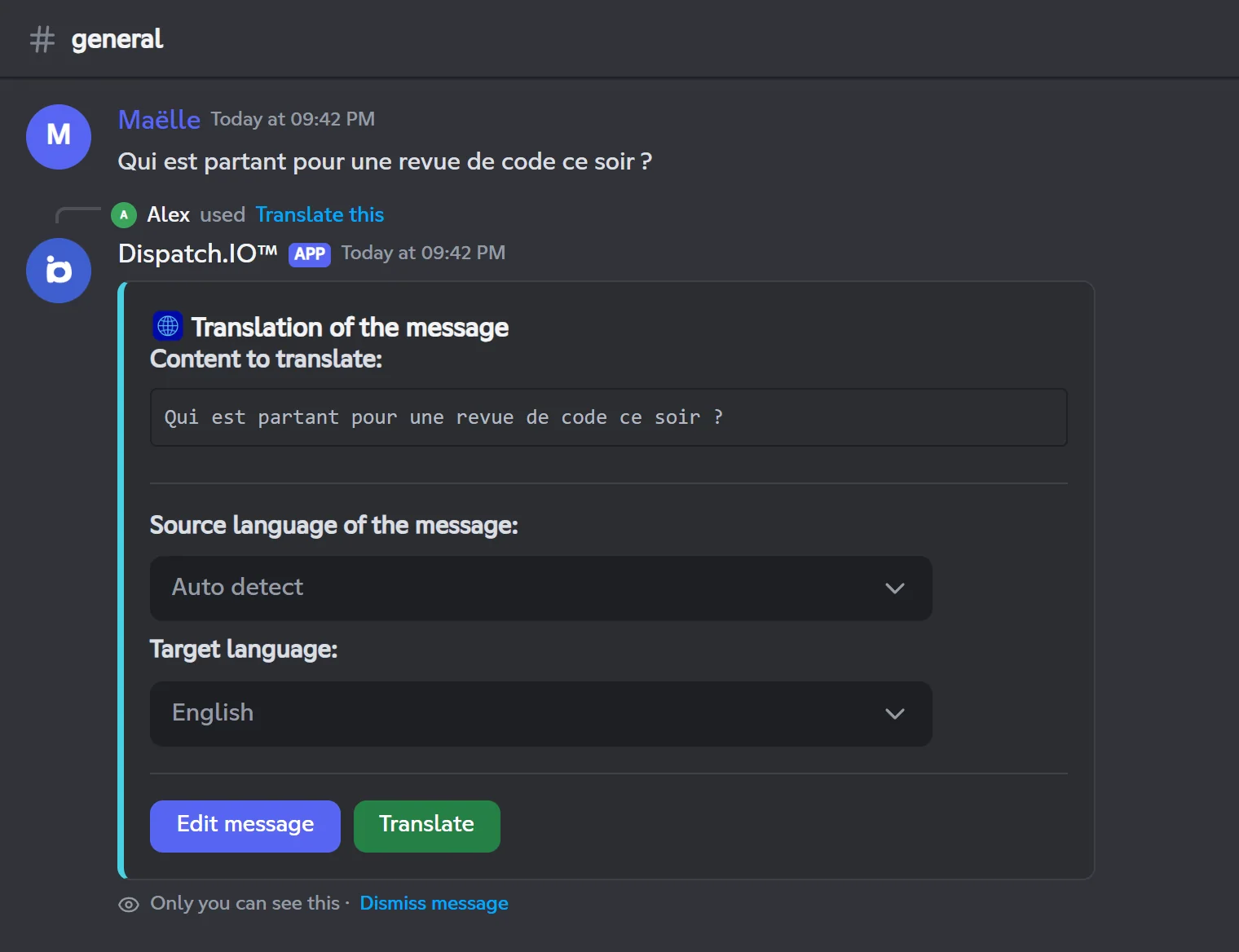 Private translation panel with the source language, the target language and the Edit message and Translate buttons