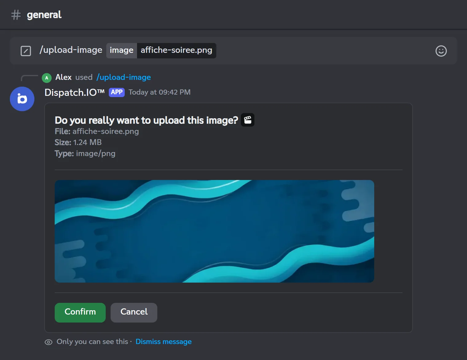 Private /upload-image preview with the Confirm and Cancel buttons