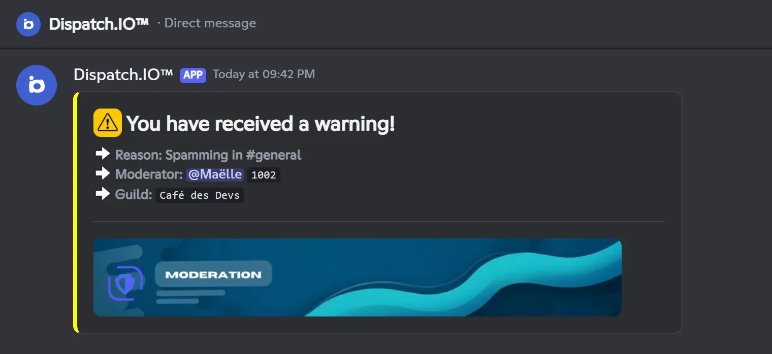 Direct message received by Alex after a warning