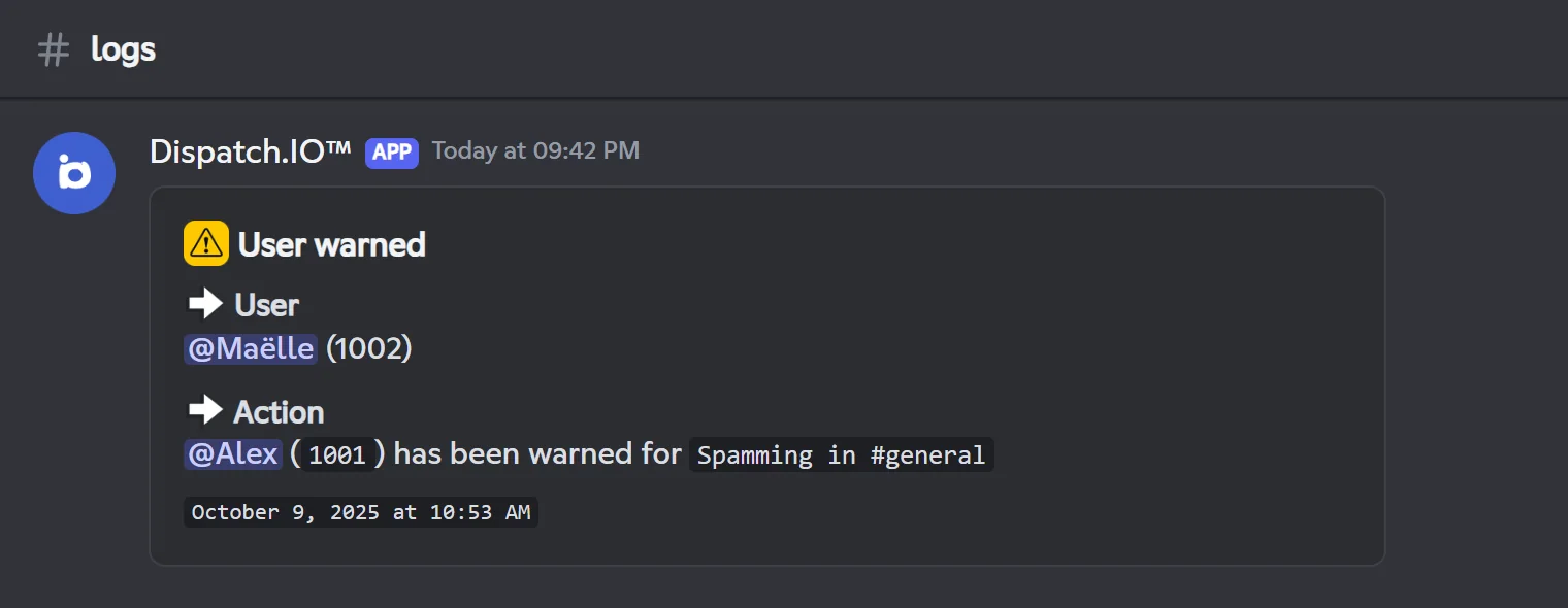 Log of a warning in the sanction log channel