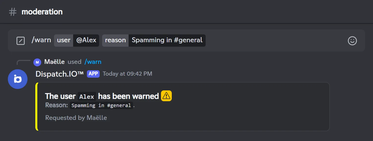 /warn reply: the user Alex has been warned for spamming