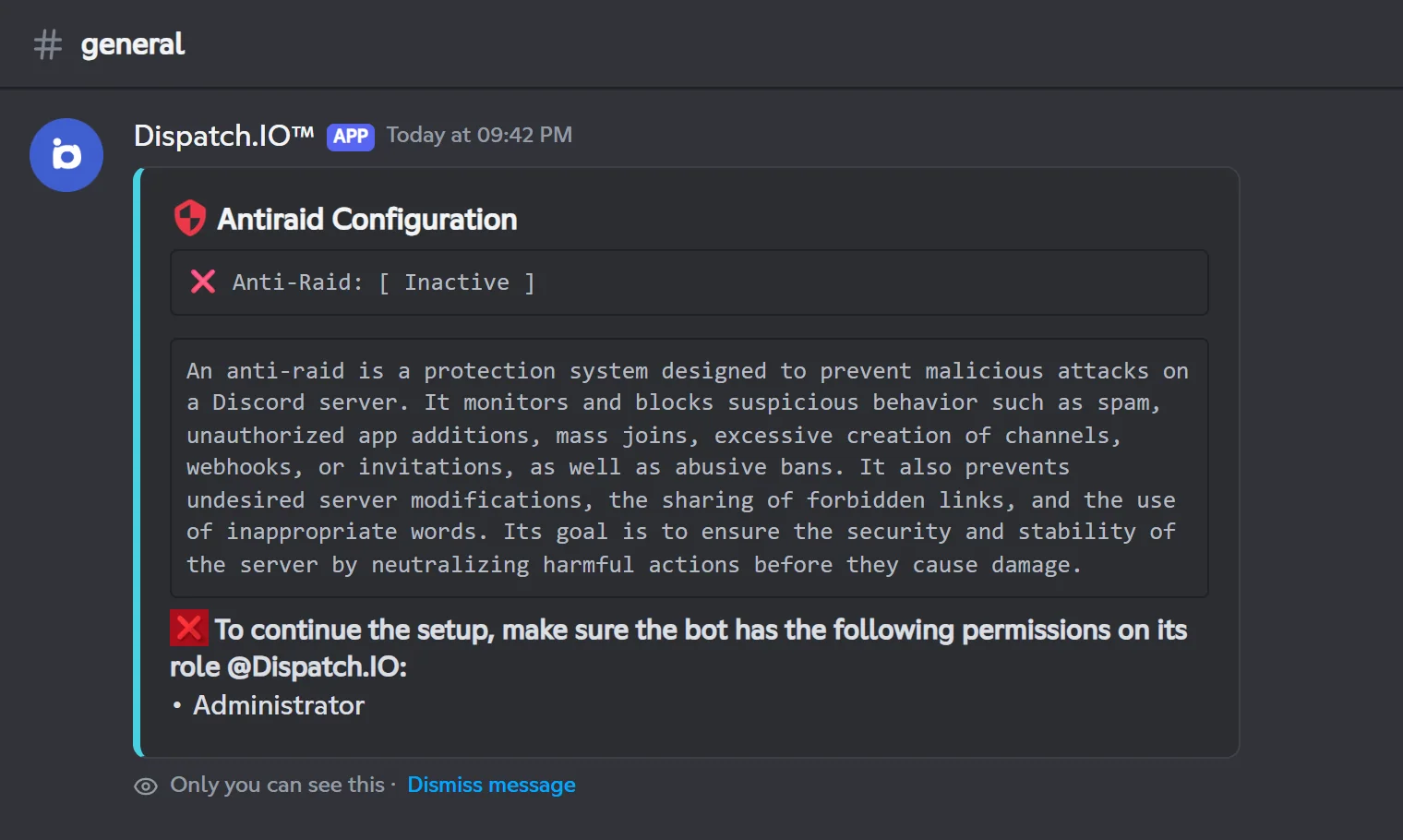 When a permission is missing, the /config screen says so at the bottom and hides the related buttons. Antiraid screen of /config with the missing permission warning