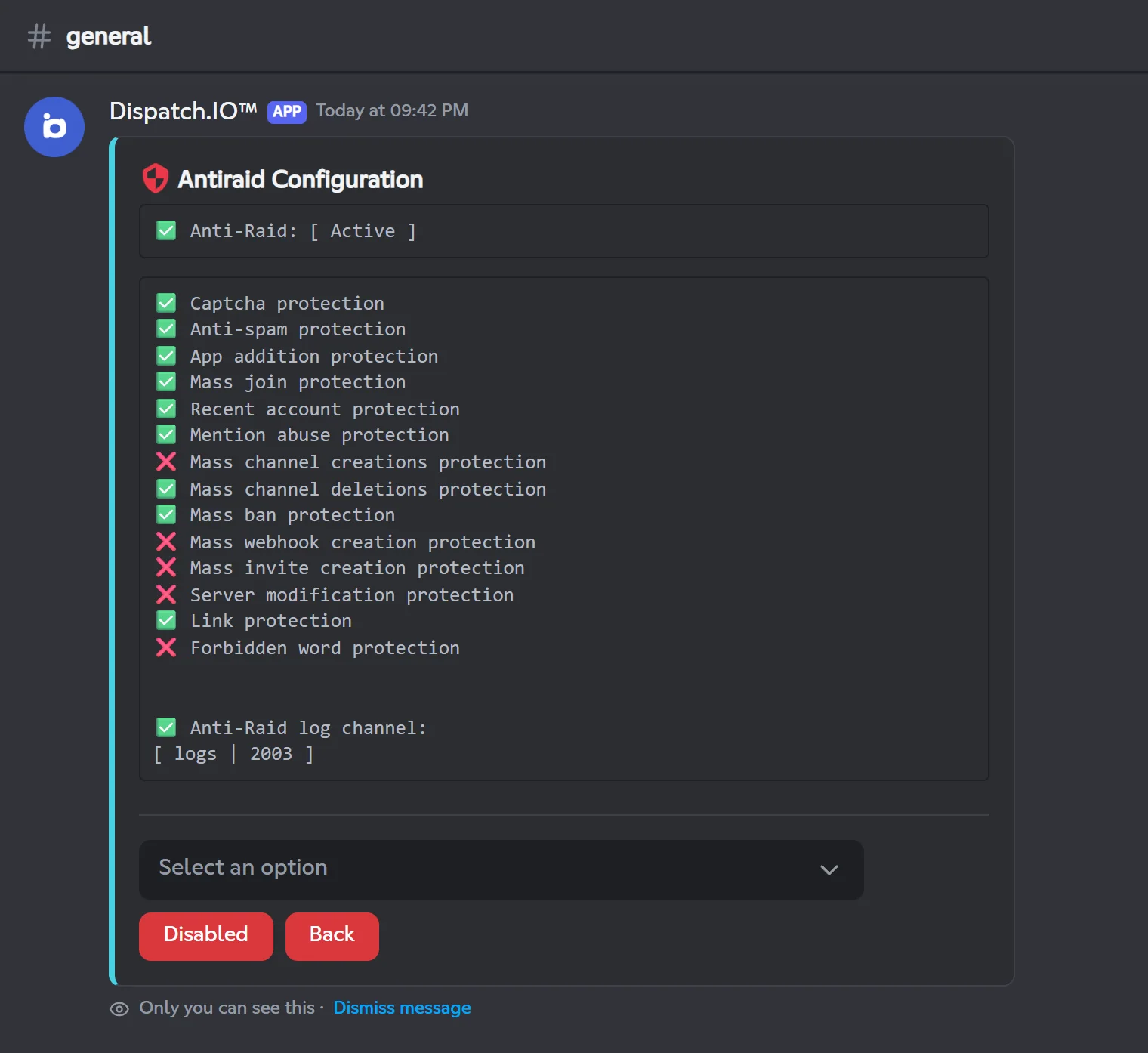 The Antiraid screen once enabled: the state of each protection, the log channel, then the protection menu. Antiraid screen of /config