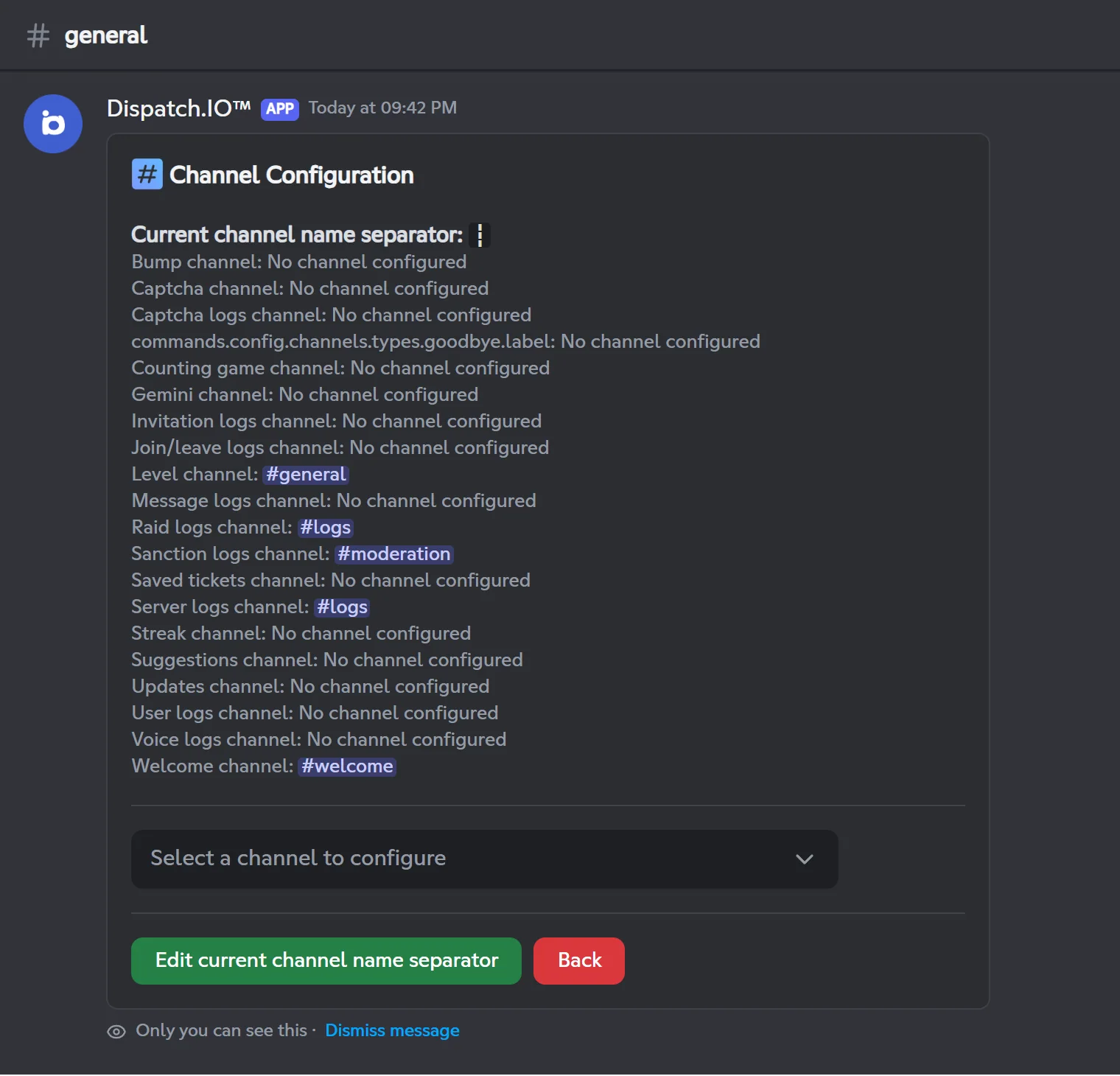 The Channels screen: the separator, then every channel type with its configured channel. Channels screen of /config