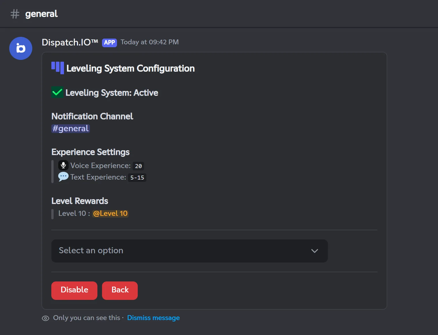 The leveling system turned on: notification channel, voice and text XP, and rewards. Leveling screen of /config