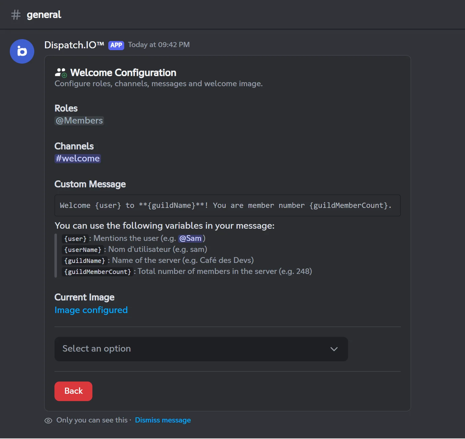 The Welcome screen: roles given to new members, channel, custom message with its variables, and image. Welcome screen of /config