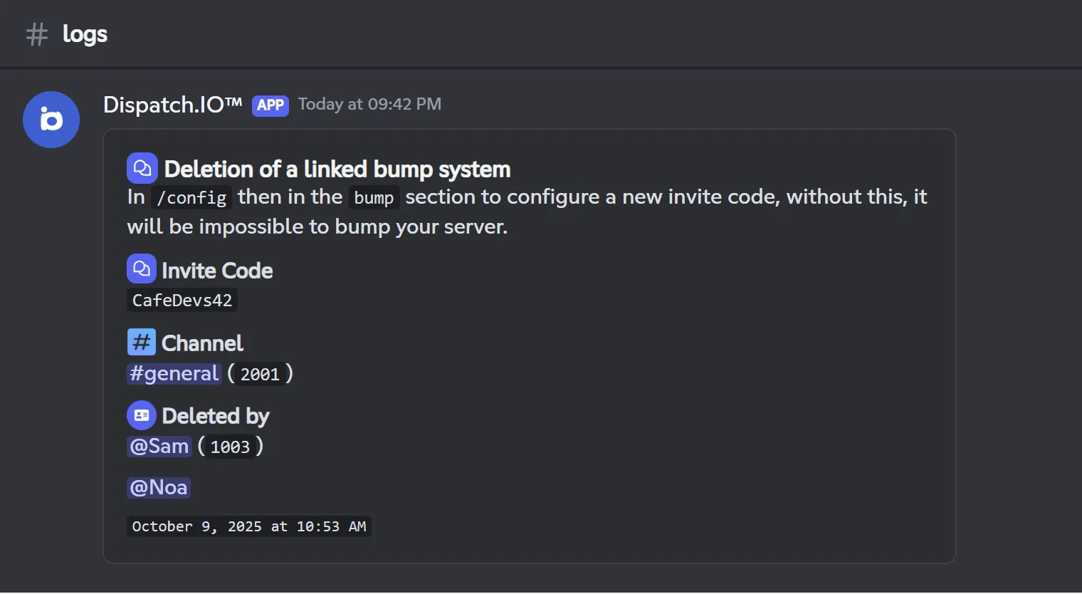 Alert about the deleted bump invite