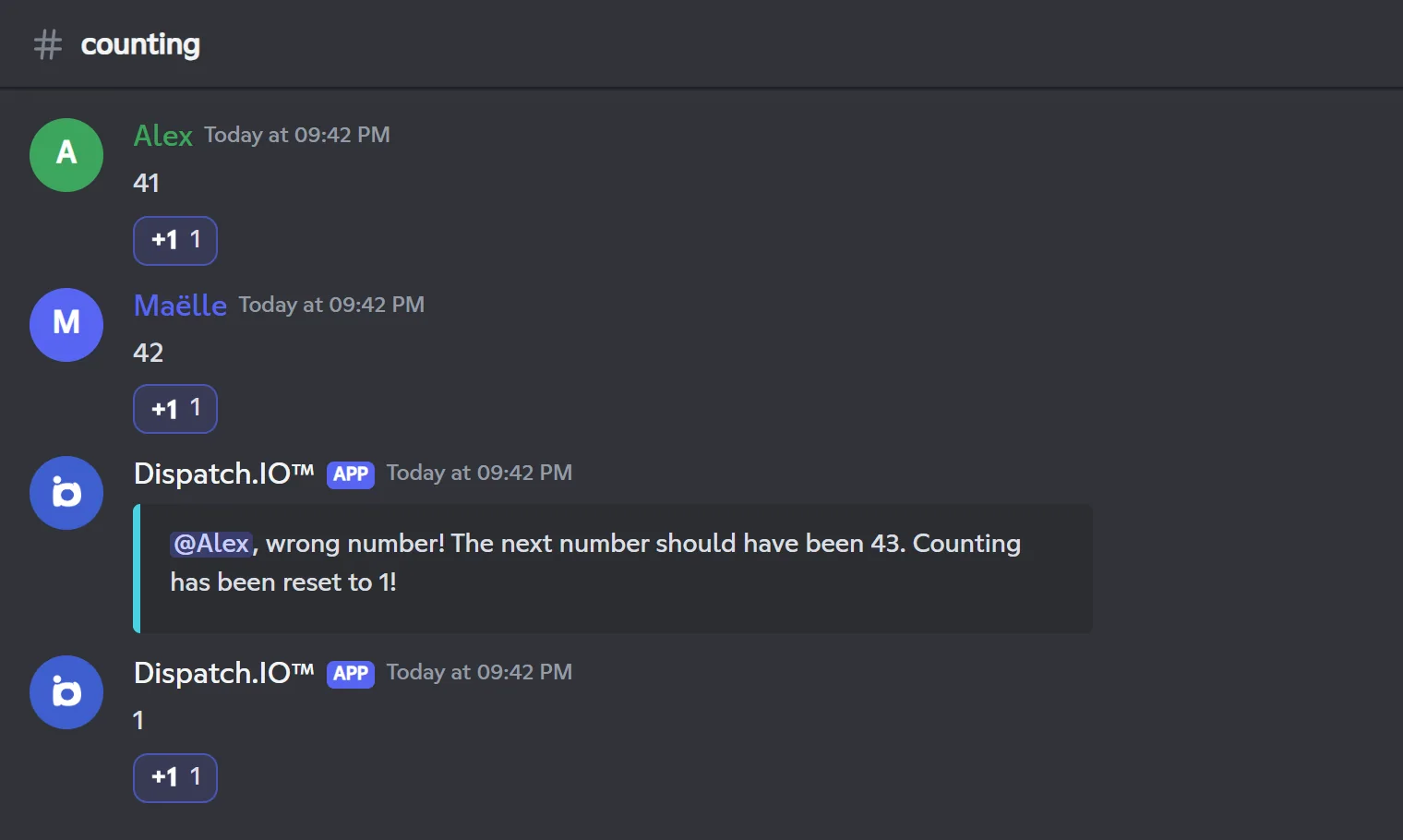Counting channel: two valid numbers, then a wrong number and the reset to 1