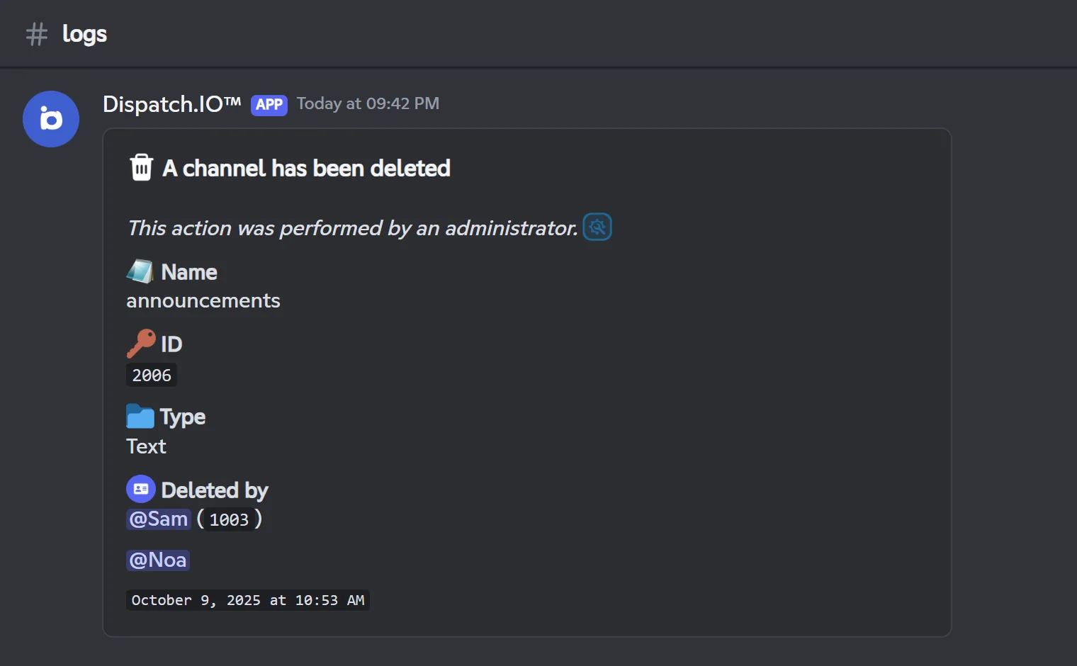 Critical log of a deleted channel, with the owner's mention