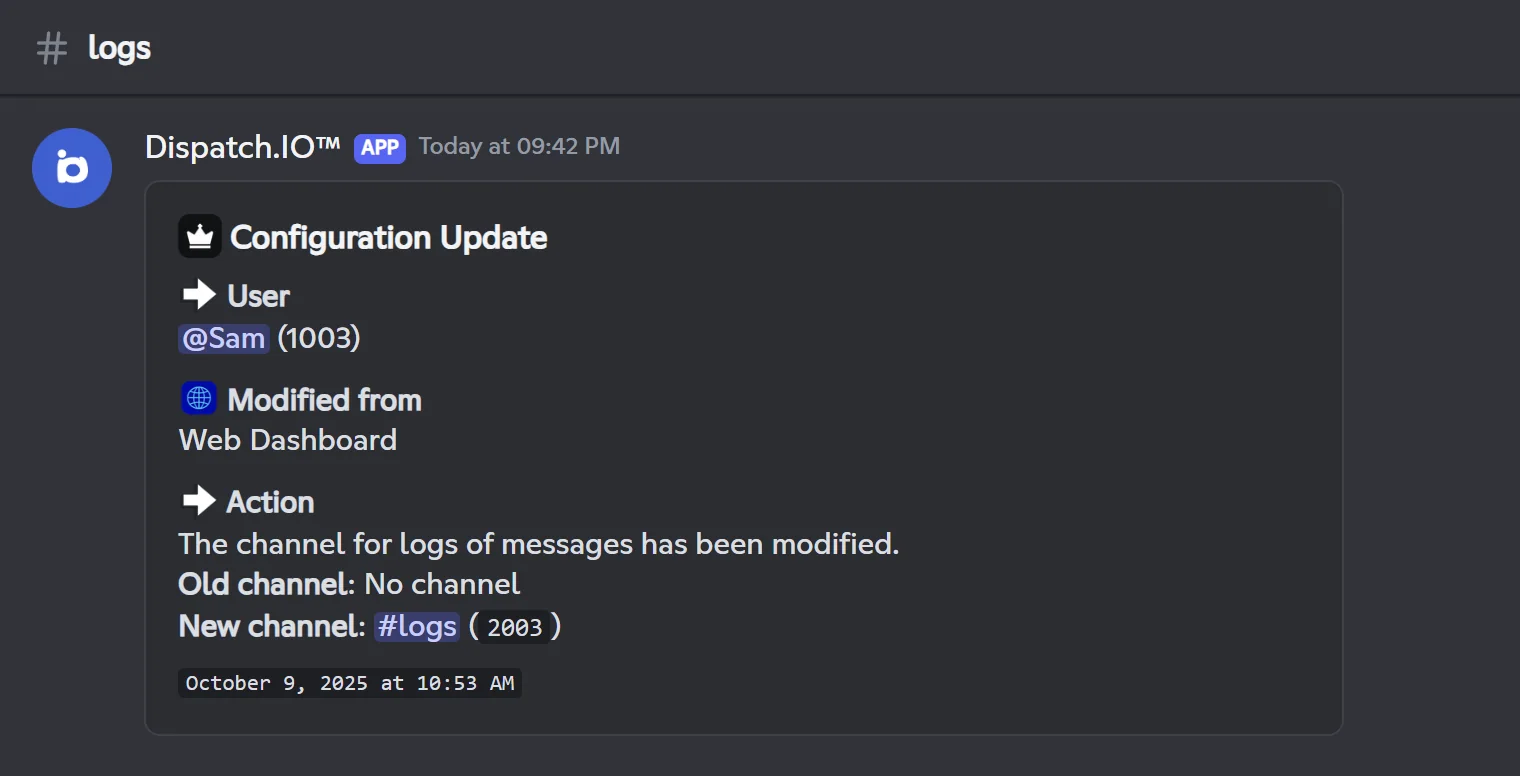 Log of a channel change made from the dashboard