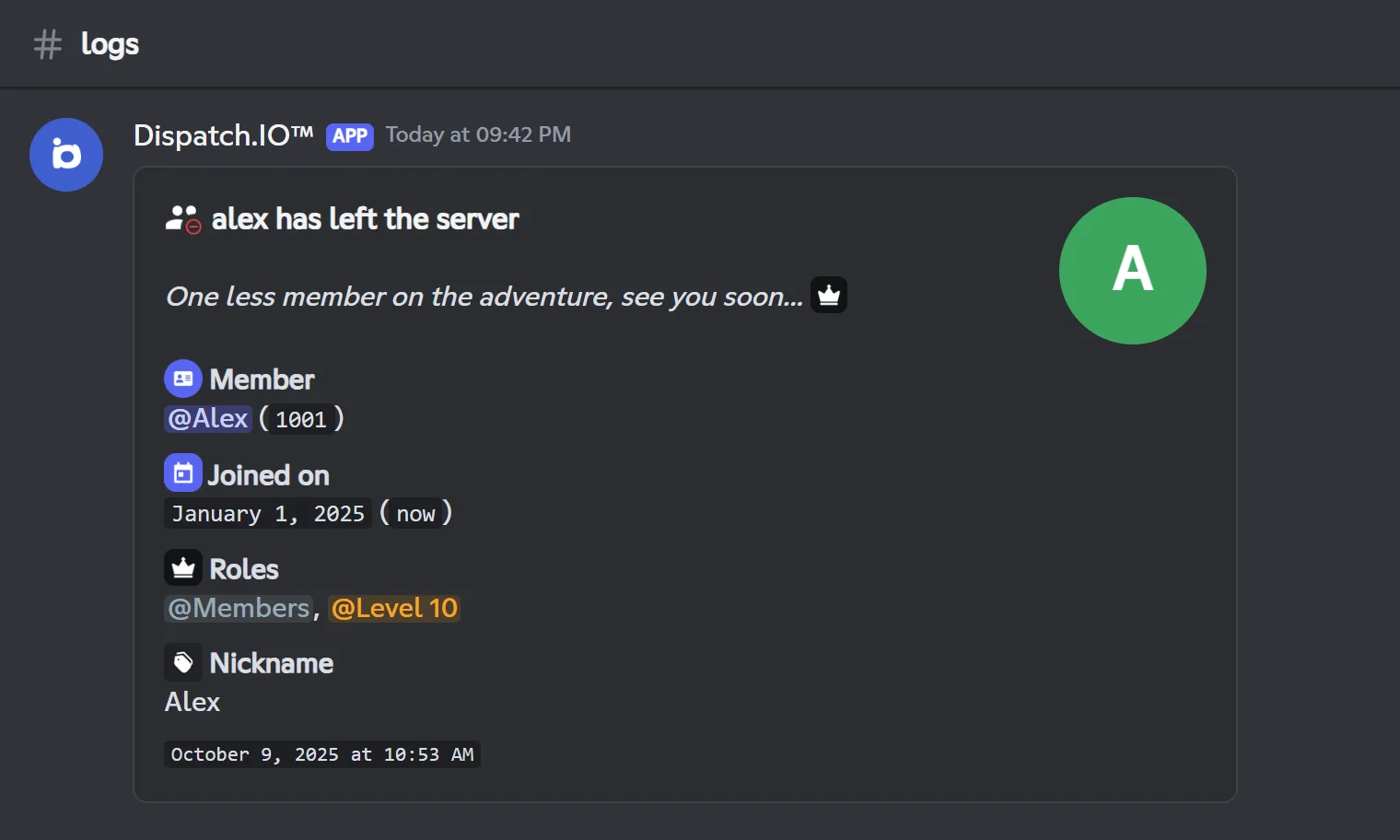 Log of a member leaving