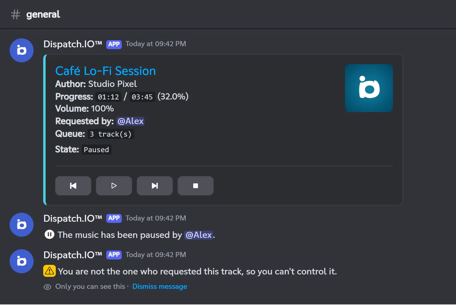 Paused player message, the public confirmation and the refusal sent to another member