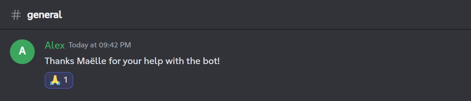 The bot's automatic reaction under a message containing "thanks"