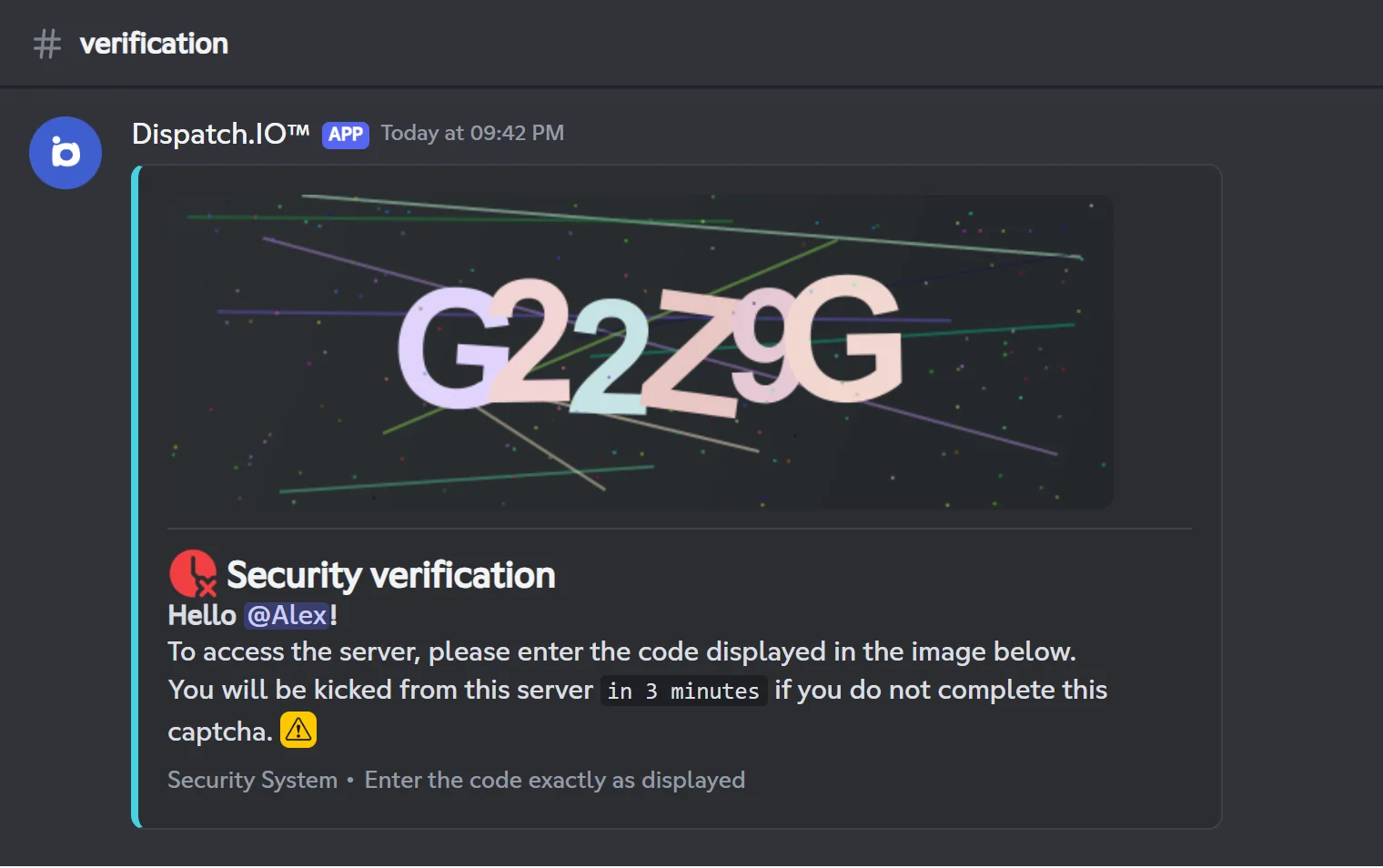 The message posted in the captcha channel when a member joins. Captcha message: image of the code to copy, mention of the member and 3-minute limit