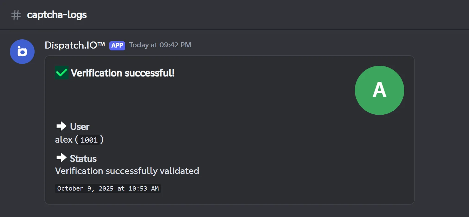 The log posted in the captcha logs channel when a member passes the verification. Log of a successful captcha