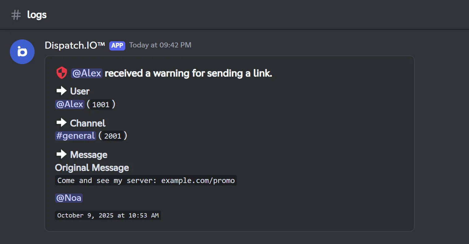 The log of a warning: member, channel, original message, then the emergency mention (here the owner). Log of a link warning in the raid logs channel