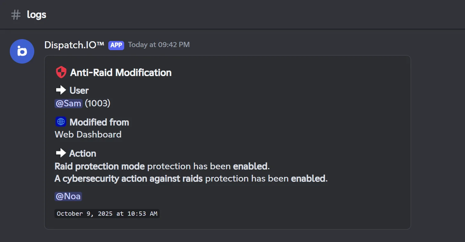 Raid mode turned on, in the raid logs channel, with the Discord safety action of a Community server. Log of raid mode turned on from the website