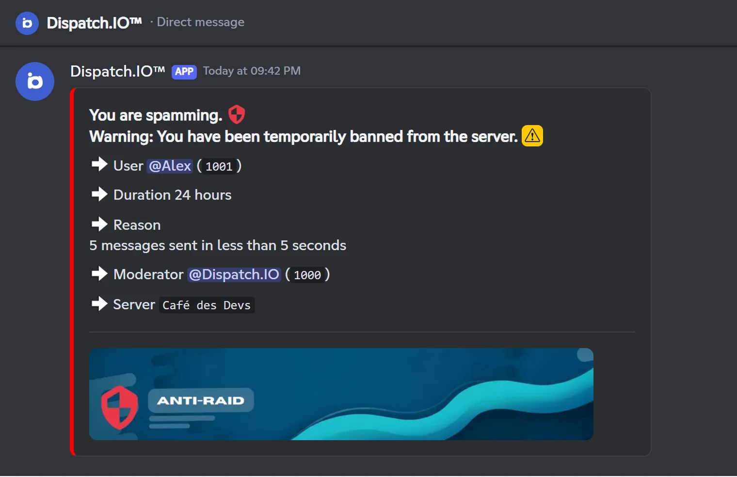 The DM of a timeout: duration, reason, bot and server. DM received after a spam timeout