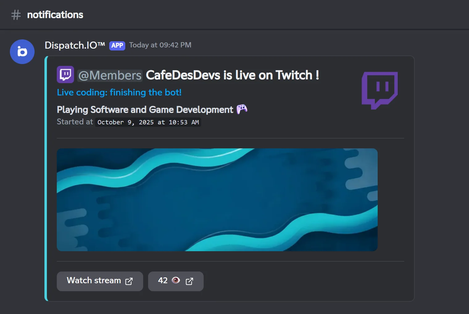 Announcement of a Twitch stream in progress