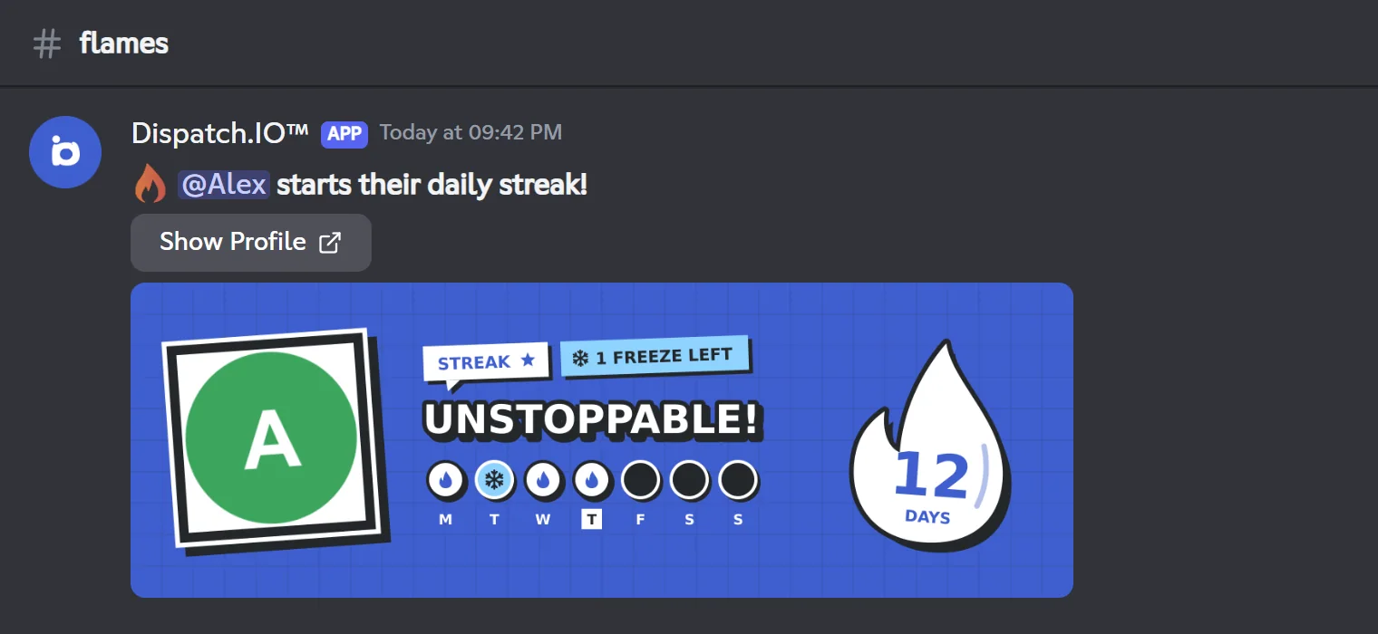 Start announcement: "Alex starts their daily streak!" with the flame card
