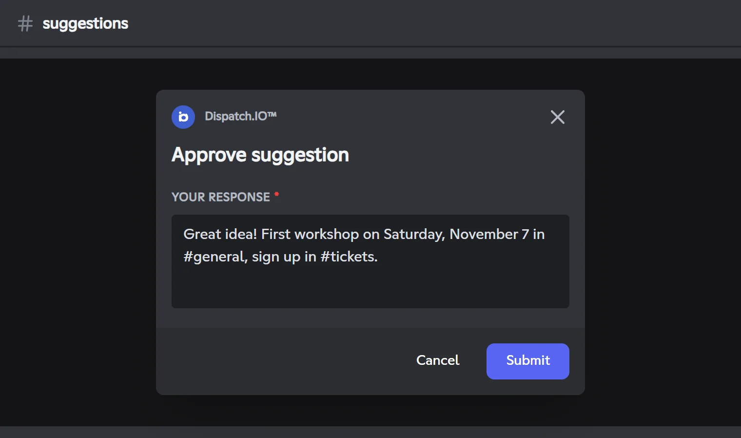 Approve suggestion window with a response