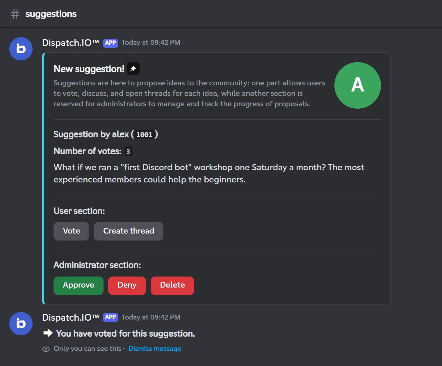 Suggestion card with its buttons, and the vote confirmation