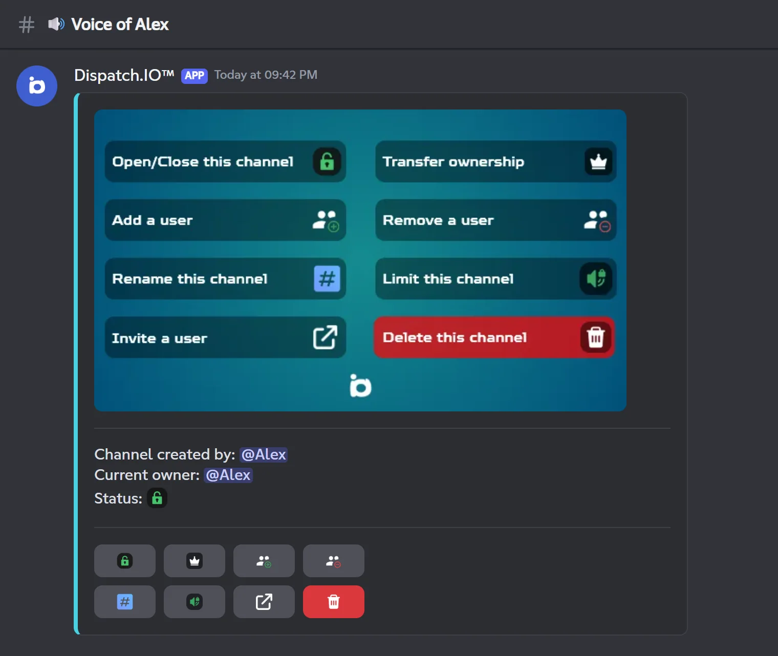 Control panel of a temporary voice channel