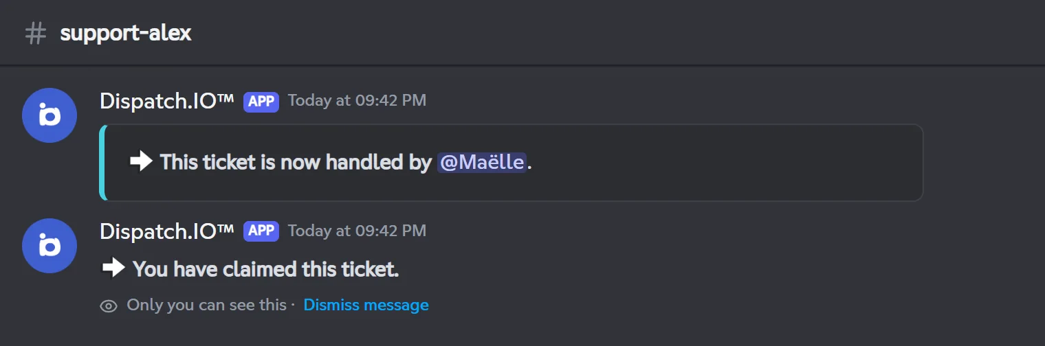 Message "This ticket is now handled by @Maëlle" and the confirmation "You have claimed this ticket"