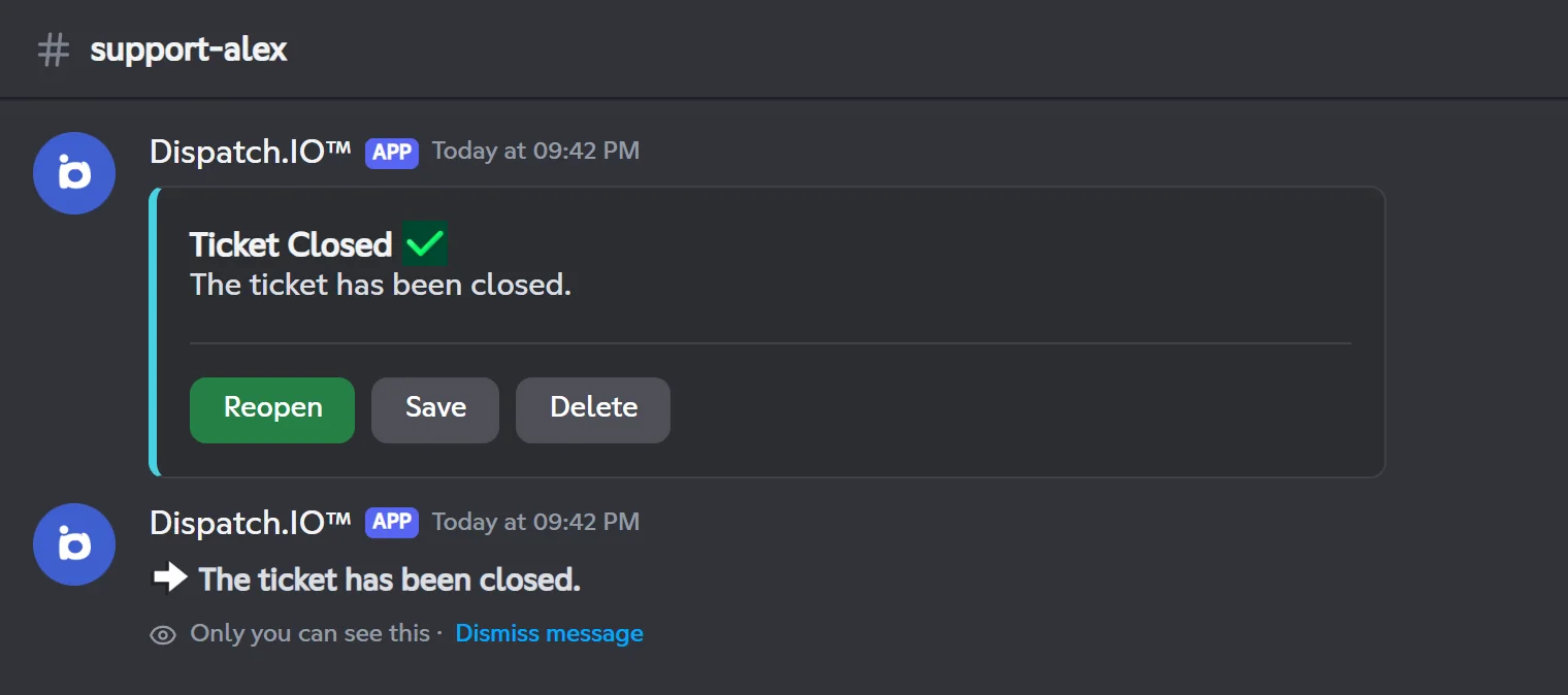 Ticket Closed message with the Reopen, Save and Delete buttons
