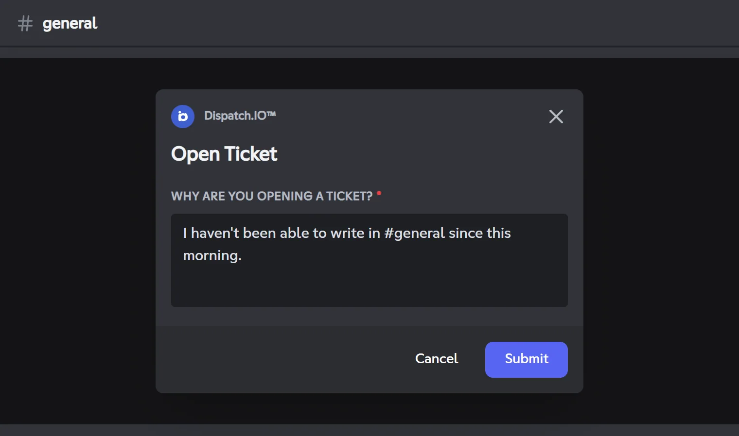 Open Ticket window with the Why are you opening a ticket? field