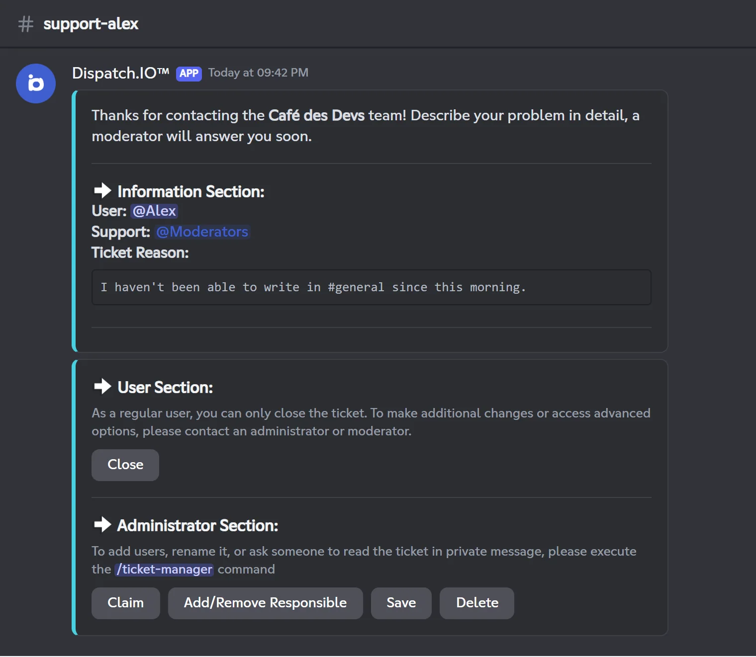 Opening message of the support-alex ticket with its information, user and administrator sections