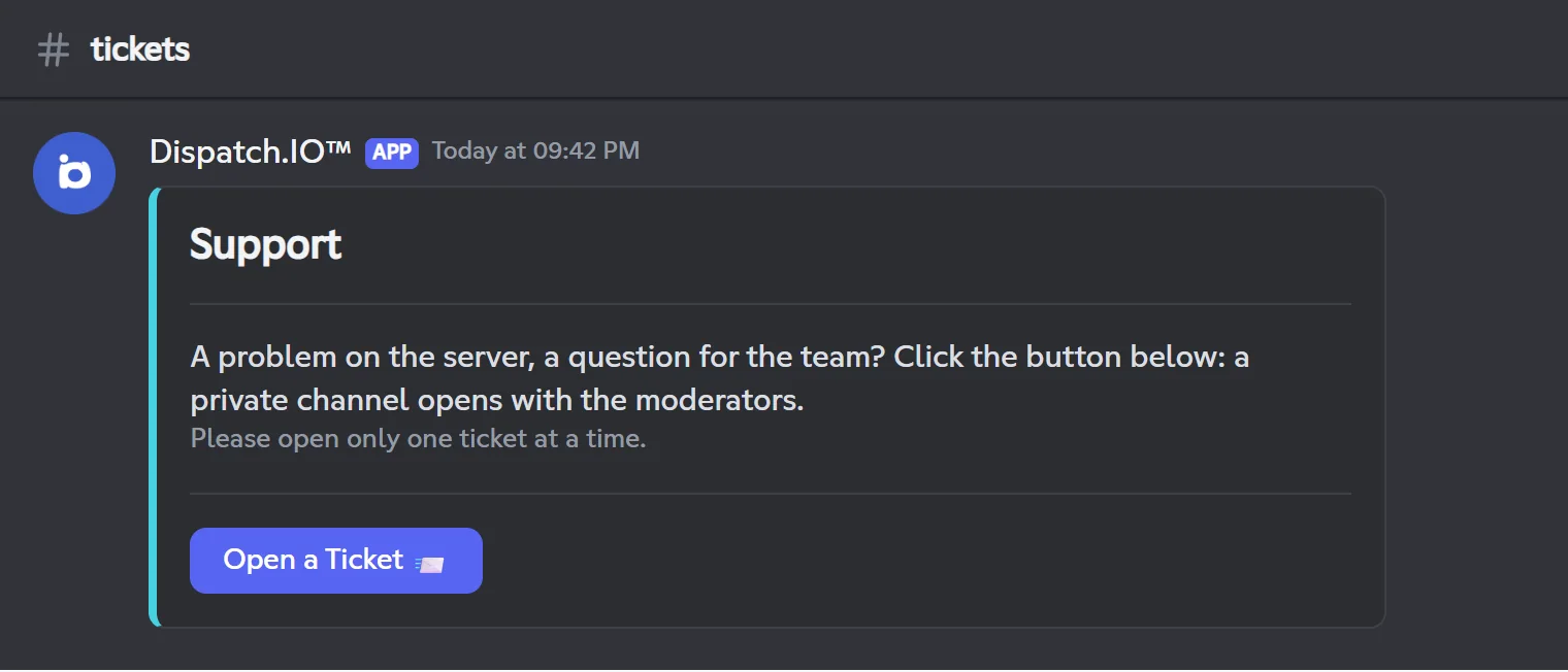 Button ticket panel "Support" with the Open a Ticket button