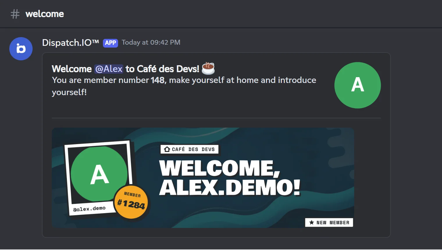 Custom welcome message: "Welcome @Alex to Café des Devs! You are member number 148"
