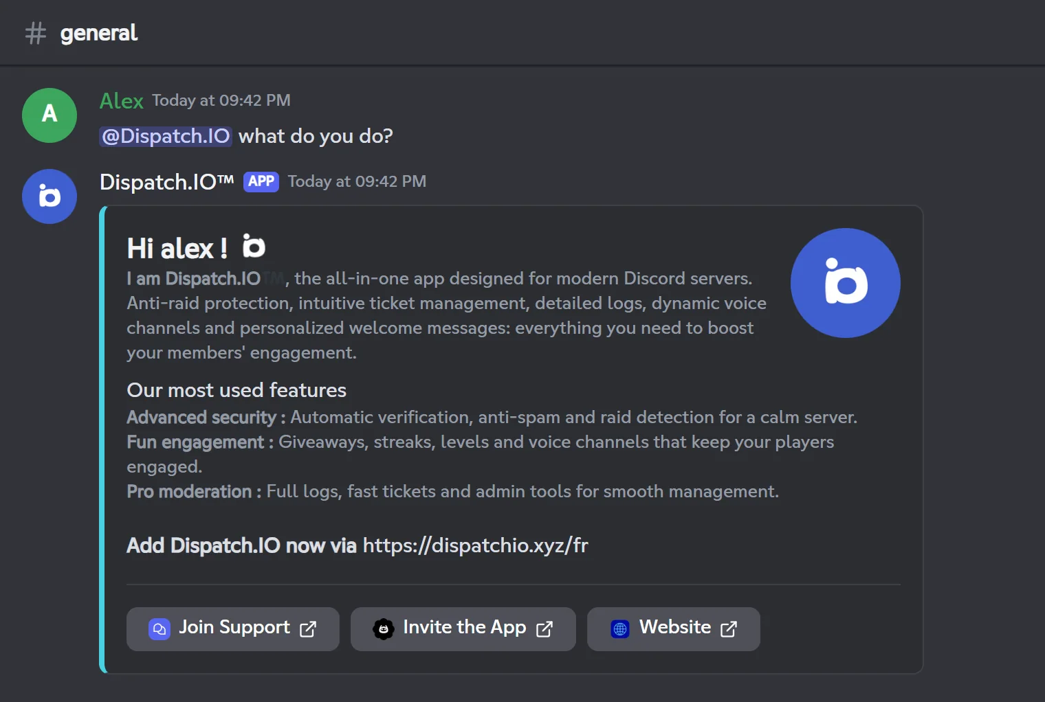 The bot's automatic introduction when someone mentions it (at most once a minute per member). Alex mentions Dispatch.IO in #general and the bot answers with its introduction and the Join Support, Invite the App and Website buttons