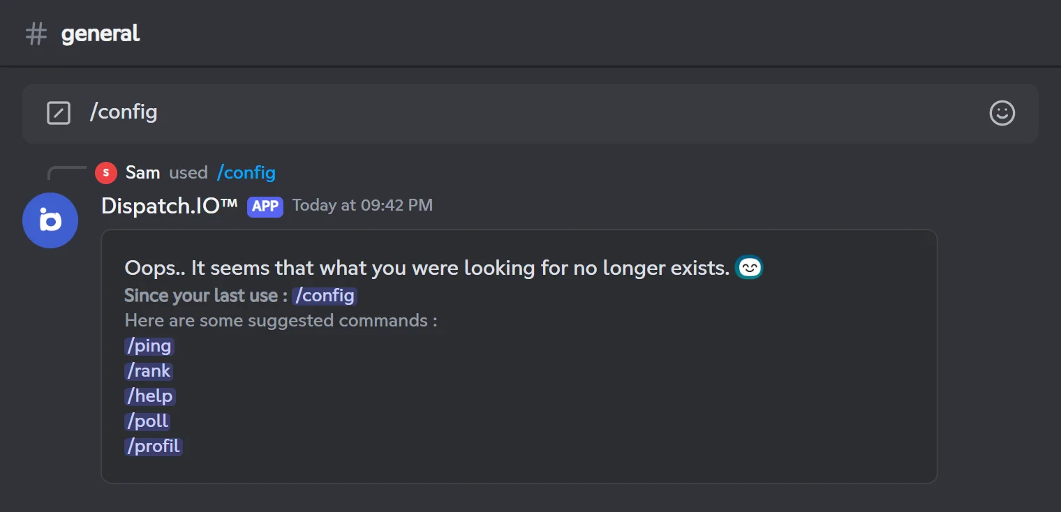 A /config panel left open for more than 5 minutes without action is replaced by this message. Oops.. It seems that what you were looking for no longer exists screen, with suggested commands