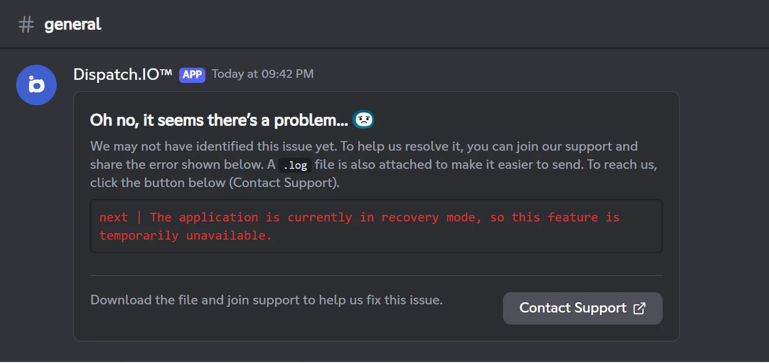 The generic error message. Here, /next during maintenance: music is temporarily unavailable. Oh no, it seems there's a problem error message, with the error in red and the Contact Support button