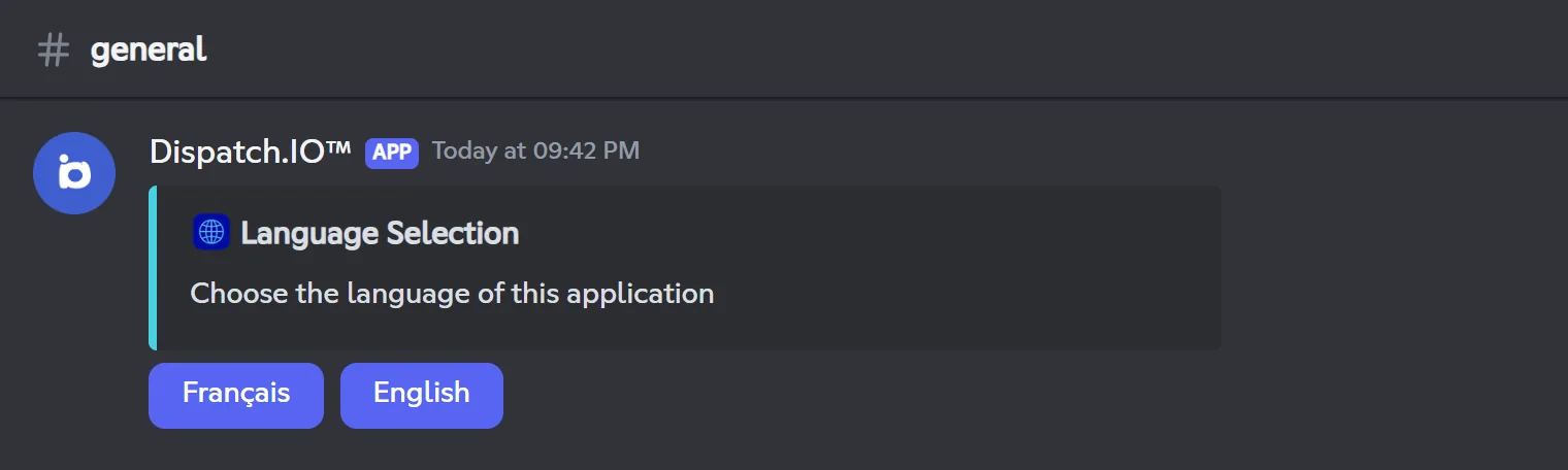 Dispatch.IO's Language Selection message with the Français and English buttons
