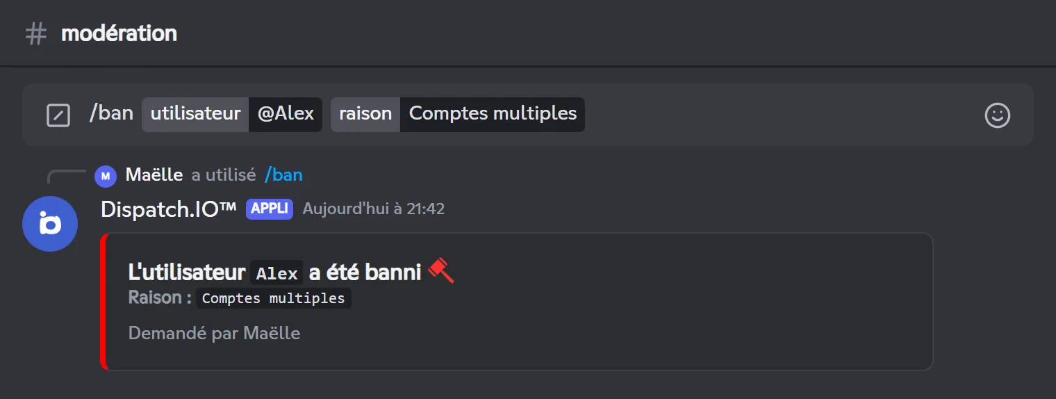 Réponse de /ban : Alex a été banni