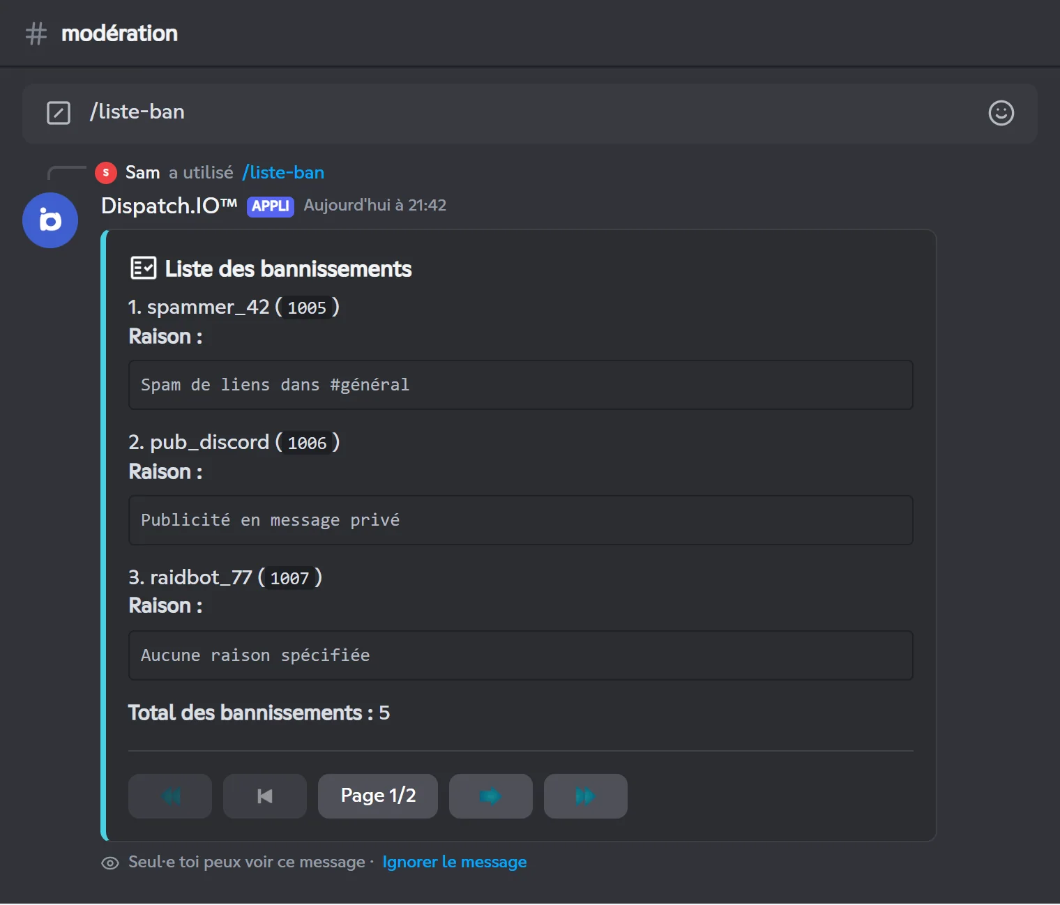 Liste des bannissements affichée par /banlist, page 1 sur 2